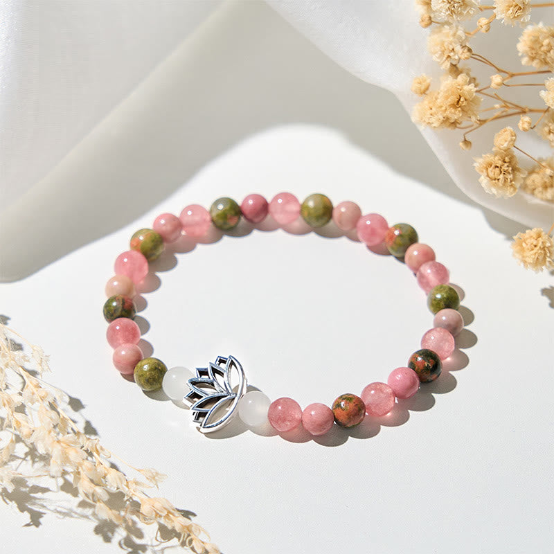 Buddha Stones Rhodonite Unakite Beads Lotus Healing Bracelet