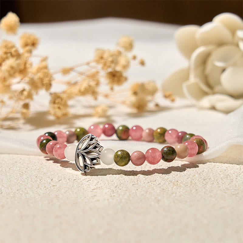 Buddha Stones Rhodonite Unakite Beads Lotus Healing Bracelet