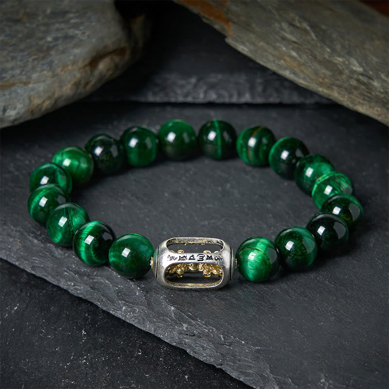 Buddha Stones Natural Green Tiger Eye Om Mani Padme Hum Positive Strength Bracelet
