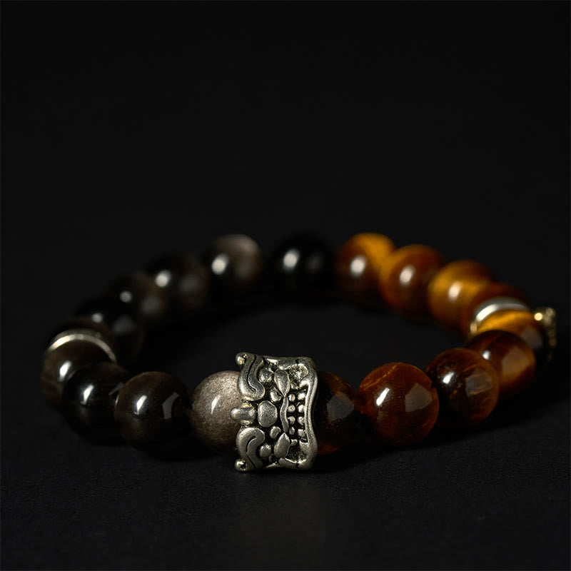 Buddha Stones Tiger Eye Silver Sheen Obsidian Om Mani Padme Hum Horse PiXiu Beast Courage Bracelet