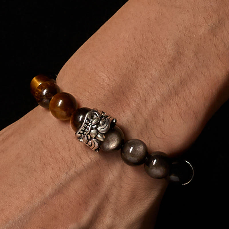Buddha Stones Tiger Eye Silver Sheen Obsidian Om Mani Padme Hum Horse PiXiu Beast Courage Bracelet