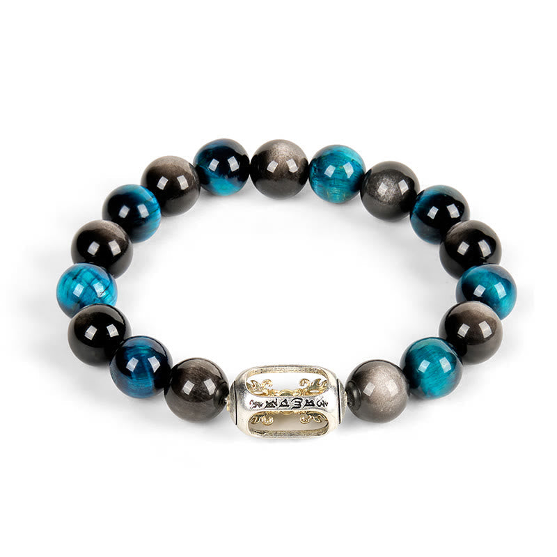 Buddha Stones Natural Silver Sheen Obsidian Blue Tiger Eye Om Mani Padme Hum Soothing Bracelet