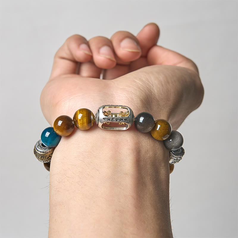 Buddha Stones Silver Sheen Obsidian Tiger Eye Om Mani Padme Hum Three-Faced Buddha Positive Bracelet