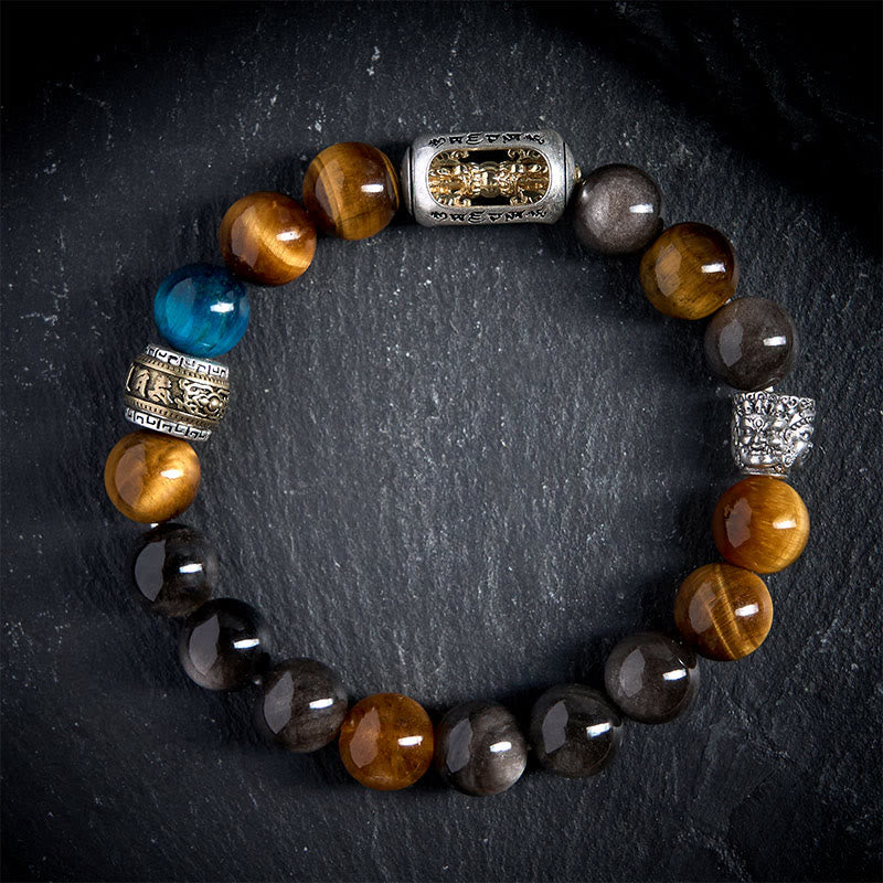 Buddha Stones Silver Sheen Obsidian Tiger Eye Om Mani Padme Hum Three-Faced Buddha Positive Bracelet