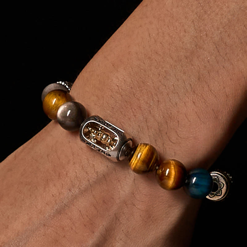 Buddha Stones Silver Sheen Obsidian Tiger Eye Om Mani Padme Hum Three-Faced Buddha Positive Bracelet