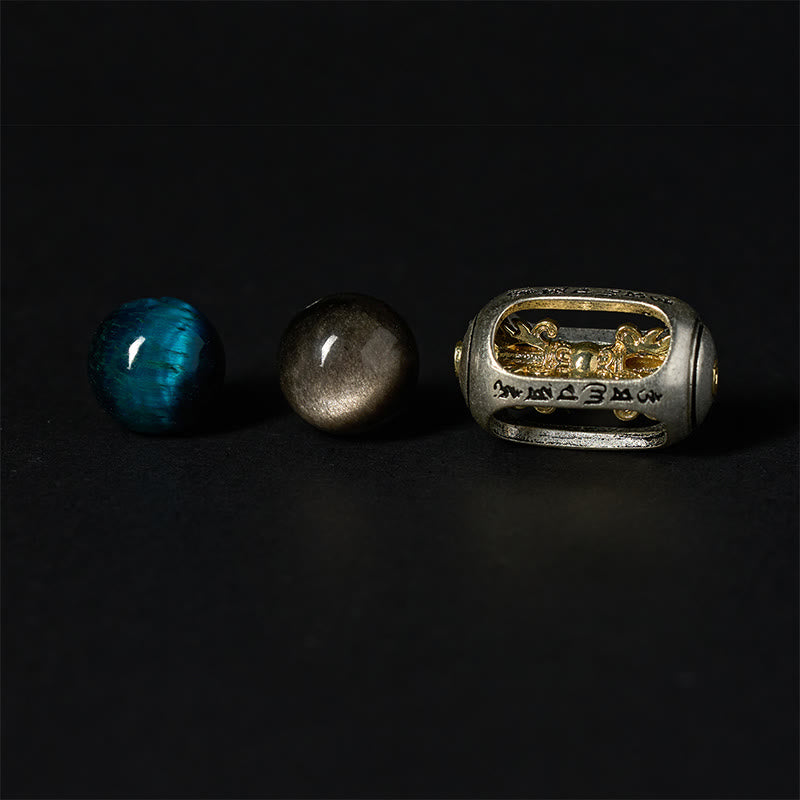 Buddha Stones Silver Sheen Obsidian Tiger Eye Om Mani Padme Hum Three-Faced Buddha Positive Bracelet