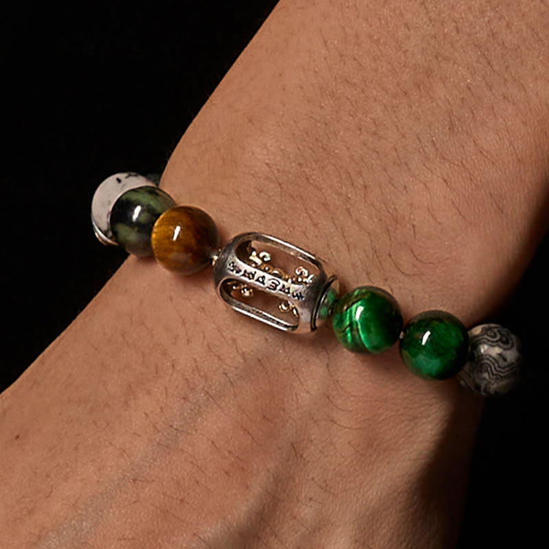 FREE Today: Protection Strength Grey Jasper Kambamba Jasper Tiger Eye Om Mani Padme Hum Bracelet