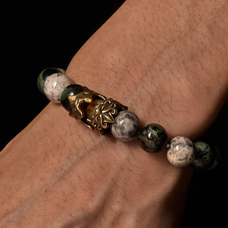 Buddha Stones Natural Grey Jasper Kambamba Jasper Citrine Horse Zodiac PiXiu Protection Bracelet