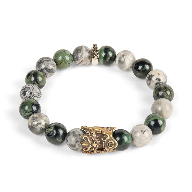 Buddha Stones Natural Grey Jasper Kambamba Jasper Citrine Horse Zodiac PiXiu Protection Bracelet