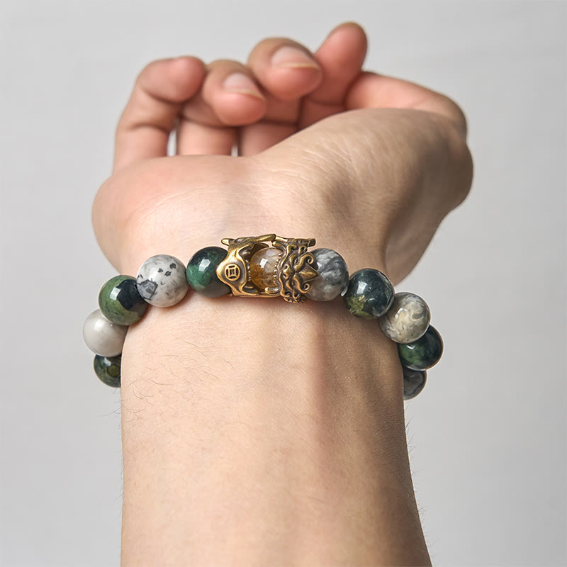 Buddha Stones Natural Grey Jasper Kambamba Jasper Citrine Horse Zodiac PiXiu Protection Bracelet