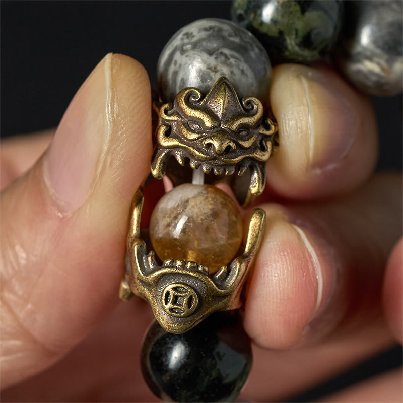Buddha Stones Natural Grey Jasper Kambamba Jasper Citrine Horse Zodiac PiXiu Protection Bracelet