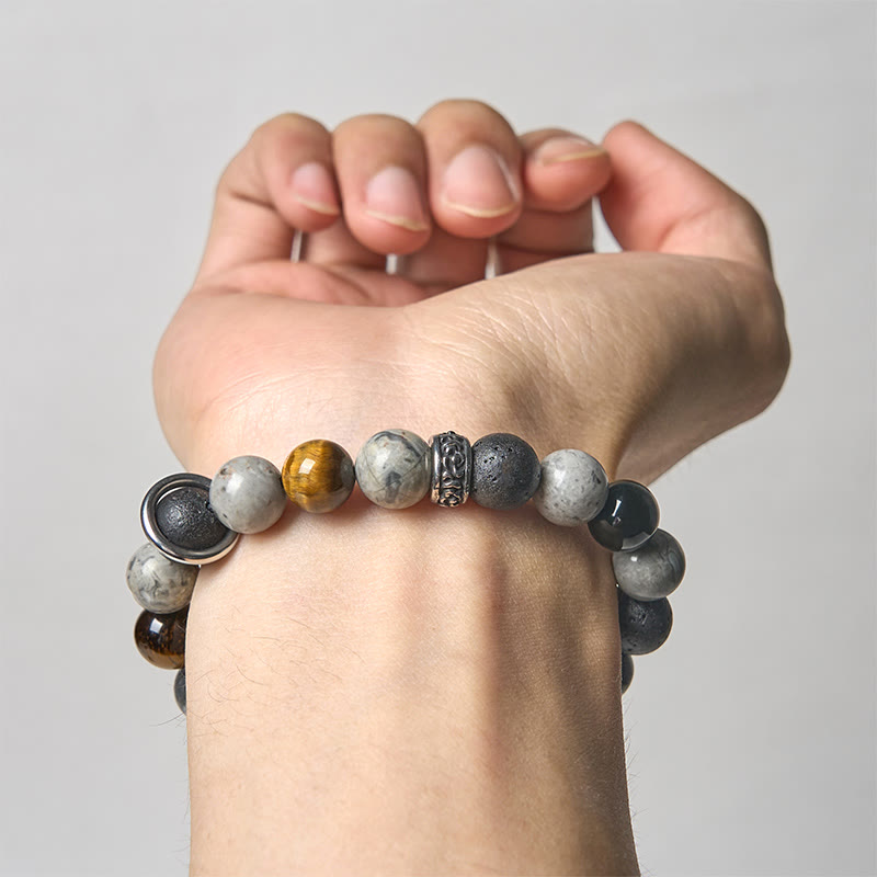 FREE Today: Healing Protection Grey Jasper Lava Rock Silver Sheen Obsidian Tiger Eye Bracelet