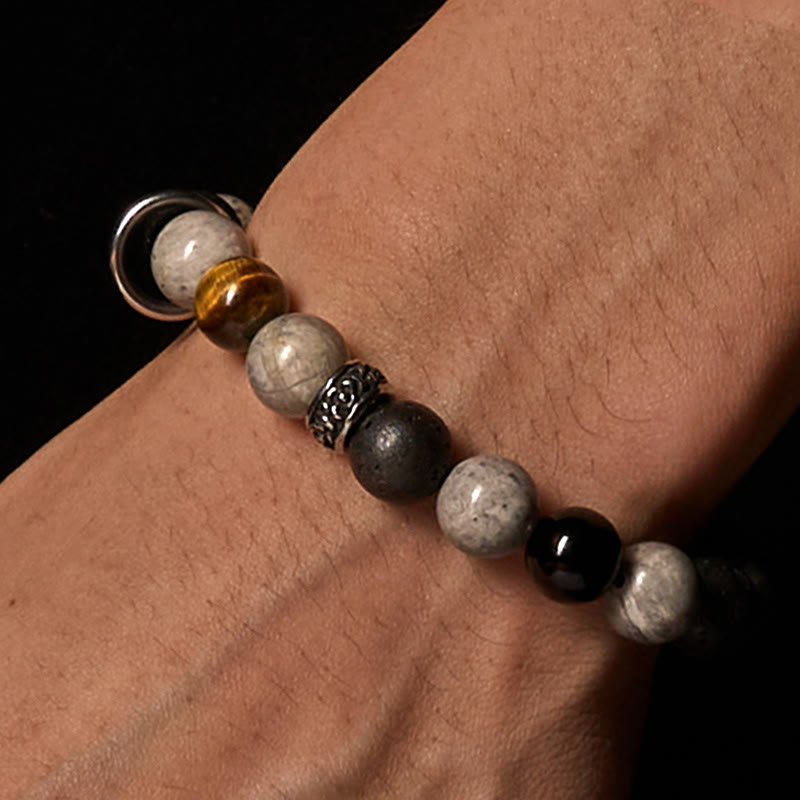FREE Today: Healing Protection Grey Jasper Lava Rock Silver Sheen Obsidian Tiger Eye Bracelet