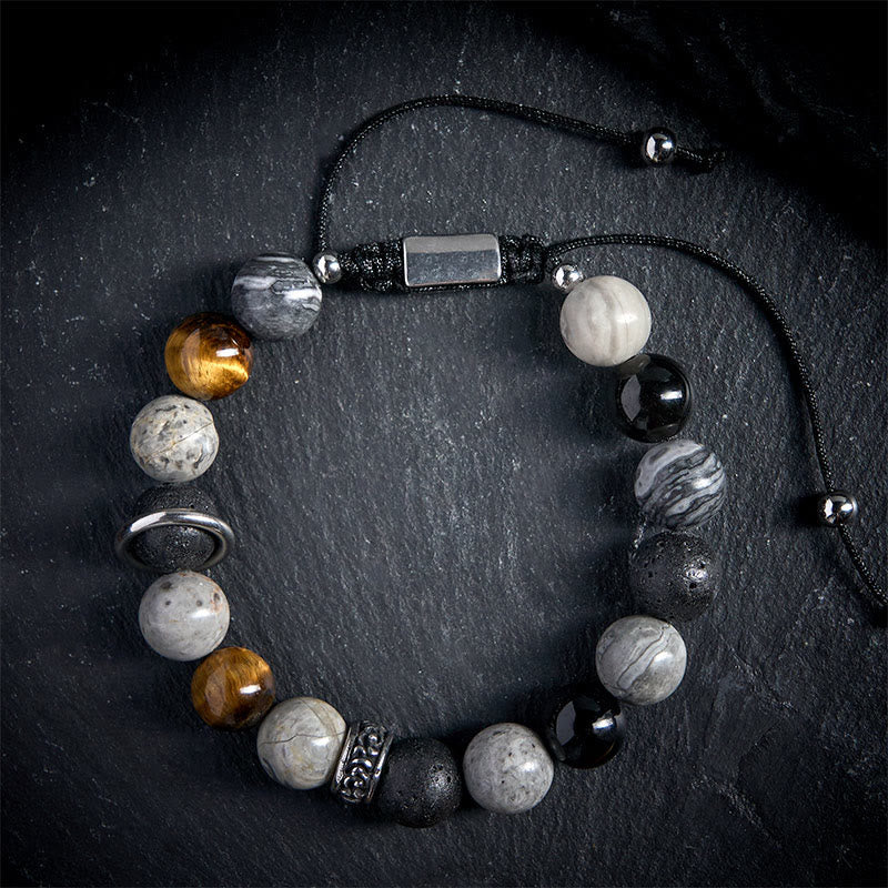 FREE Today: Healing Protection Grey Jasper Lava Rock Silver Sheen Obsidian Tiger Eye Bracelet