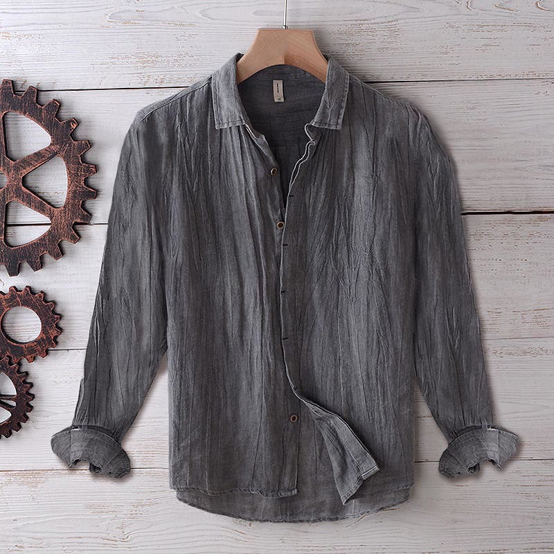 Buddha Stones Men's Shirt Solid Color Lapel Top Long Sleeve Comfy Button Crease Cotton Linen Shirt