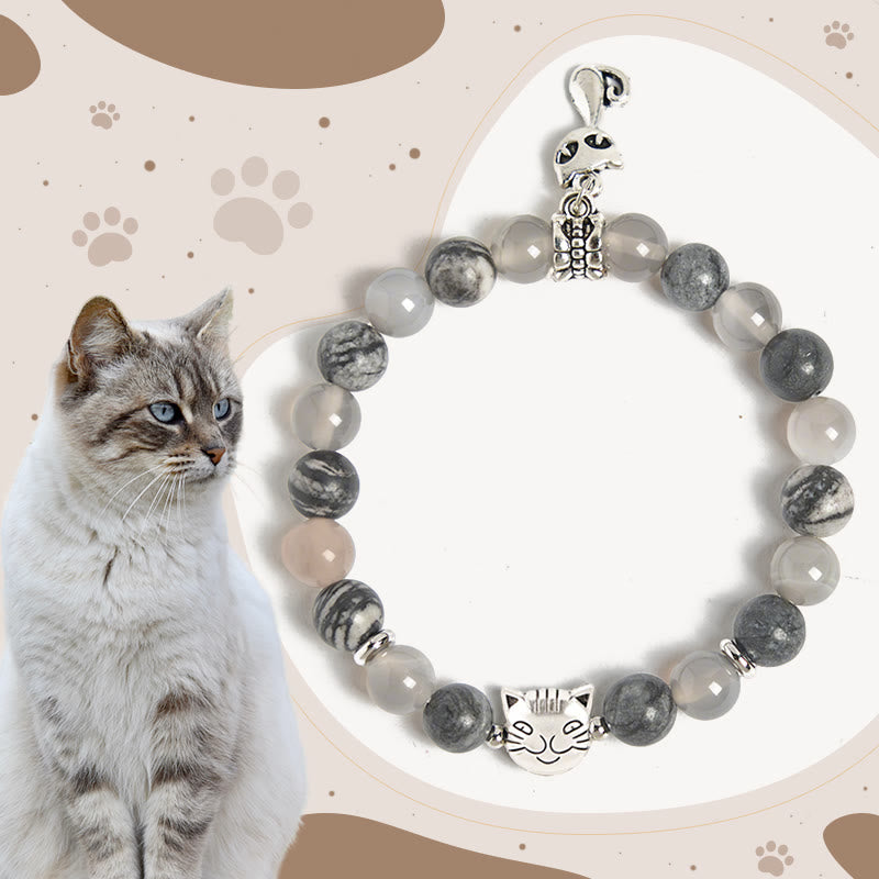 Buddha Stones Birman Cat Natural Grey Jasper Agate Bead Healing Bracelet