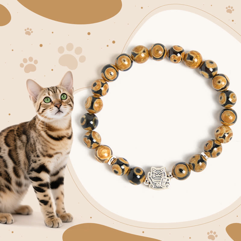 Buddha Stones 925 Sterling Silver Brown Tabby Cat Stone Bead Blessings Bracelet