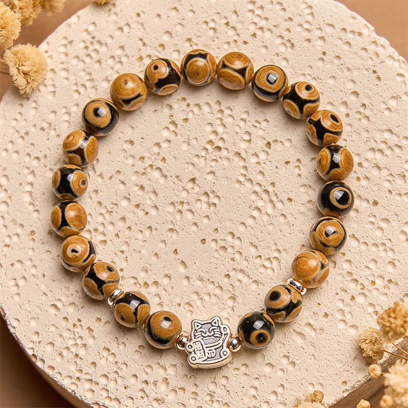 Buddha Stones 925 Sterling Silver Brown Tabby Cat Stone Bead Blessings Bracelet