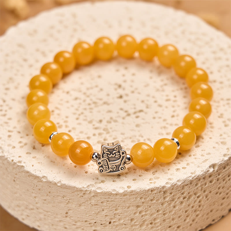 Buddha Stones 925 Sterling Silver Orange Tabby Cat Yellow Chalcedony Positivity Bracelet