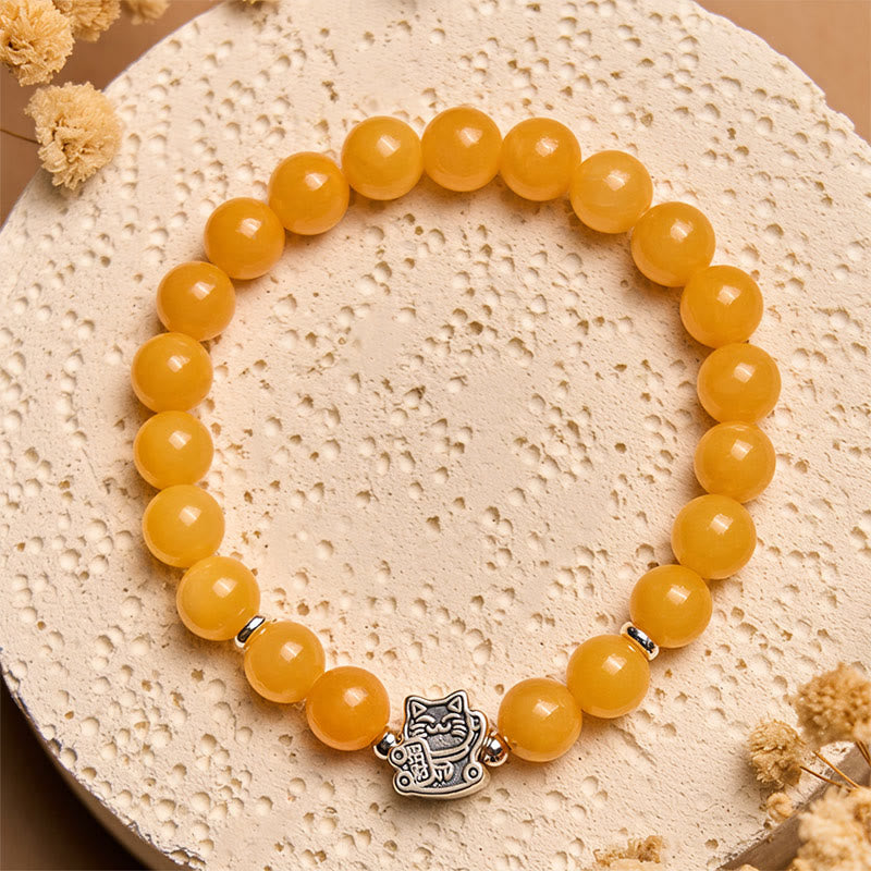 Buddha Stones 925 Sterling Silver Orange Tabby Cat Yellow Chalcedony Positivity Bracelet