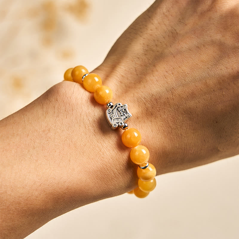 Buddha Stones 925 Sterling Silver Orange Tabby Cat Yellow Chalcedony Positivity Bracelet