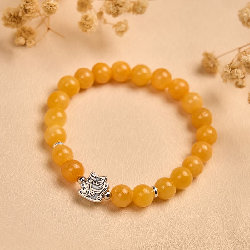 Buddha Stones 925 Sterling Silver Orange Tabby Cat Yellow Chalcedony Positivity Bracelet