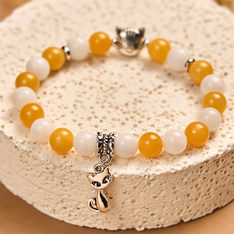 Buddha Stones Orange White Tabby Cat Yellow Chalcedony White Chalcedony Peace Bracelet