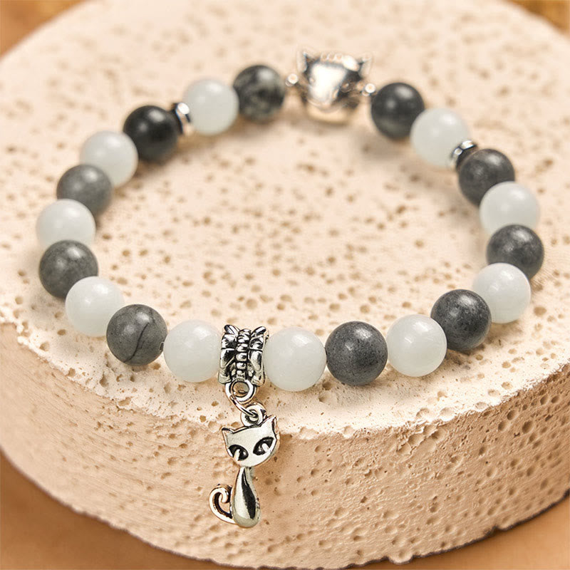 Buddha Stones Grey Tabby Cat Natural Black Veined Jasper White Chalcedony Stability Bracelet