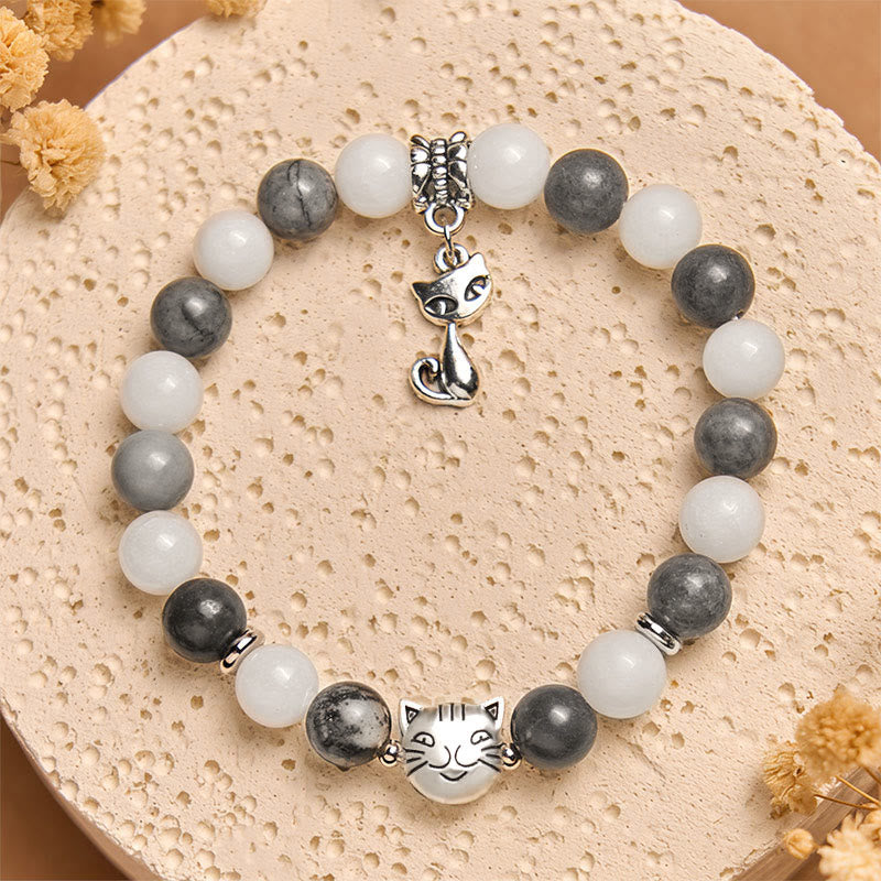 Buddha Stones Grey Tabby Cat Natural Black Veined Jasper White Chalcedony Stability Bracelet