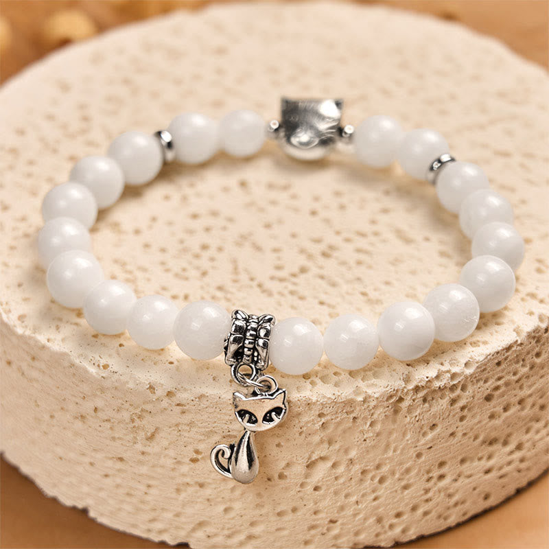 Buddha Stones White Cat Natural White Chalcedony Bead Positive Bracelet