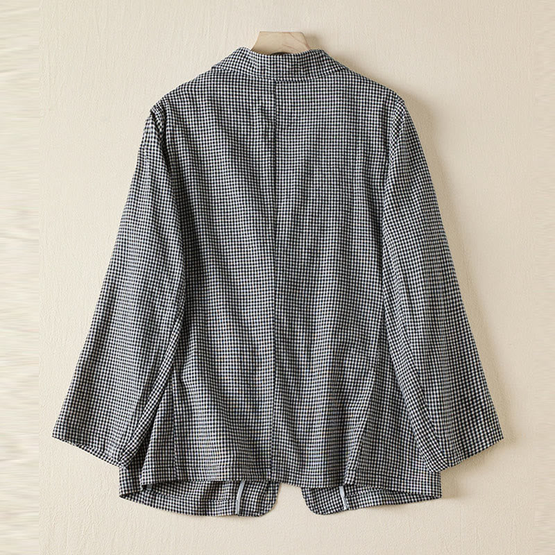 Buddha Stones Commute Plaid Pattern Women's Cotton Lapel Long Sleeve Jacket With Pockets