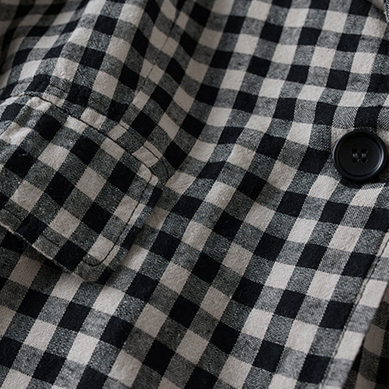 Buddha Stones Commute Plaid Pattern Women's Cotton Lapel Long Sleeve Jacket With Pockets