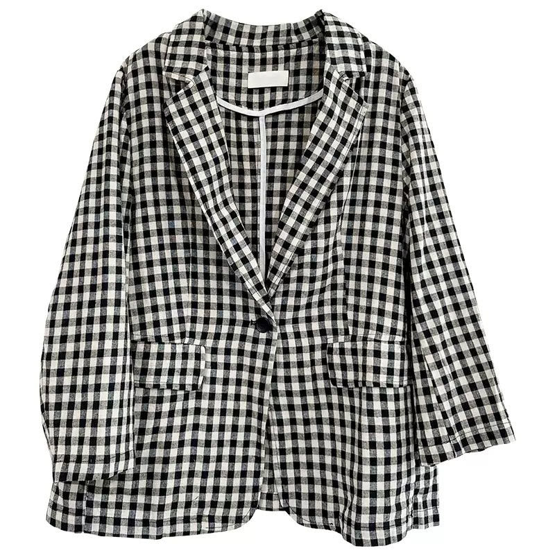 Buddha Stones Commute Plaid Pattern Women's Cotton Lapel Long Sleeve Jacket With Pockets