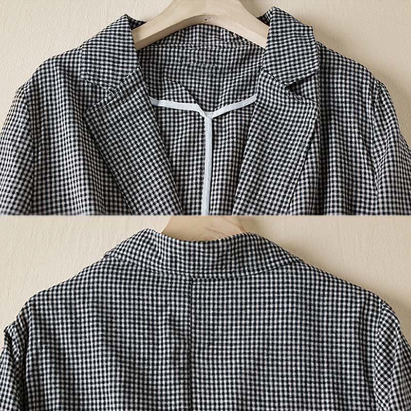 Buddha Stones Commute Plaid Pattern Women's Cotton Lapel Long Sleeve Jacket With Pockets
