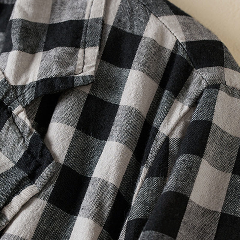 Buddha Stones Commute Plaid Pattern Women's Cotton Lapel Long Sleeve Jacket With Pockets