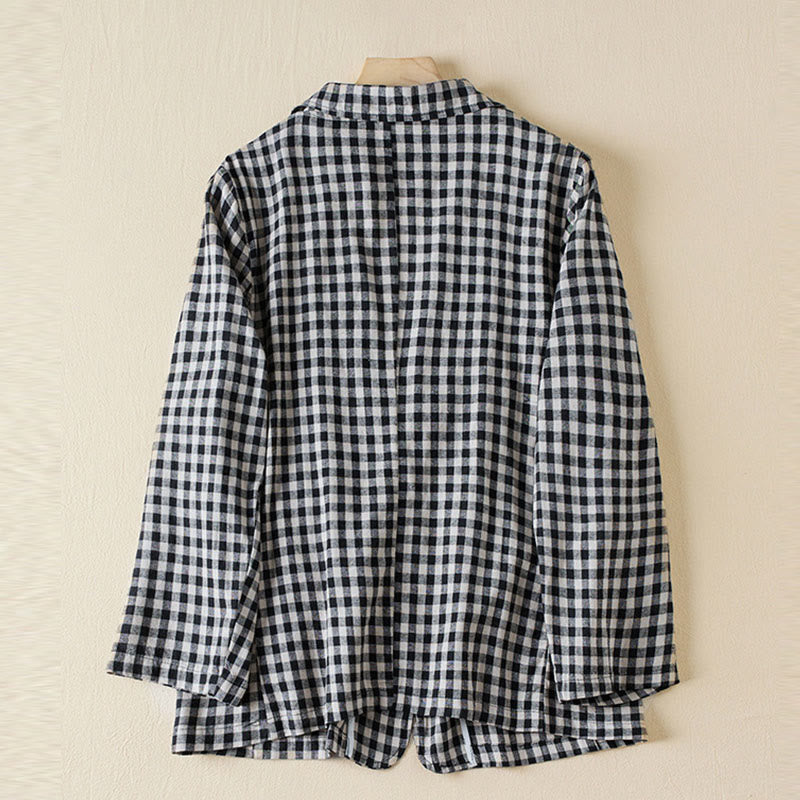 Buddha Stones Commute Plaid Pattern Women's Cotton Lapel Long Sleeve Jacket With Pockets
