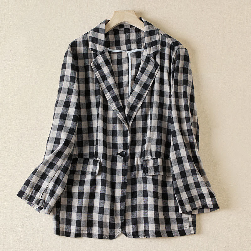 Buddha Stones Commute Plaid Pattern Women's Cotton Lapel Long Sleeve Jacket With Pockets