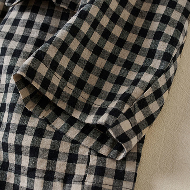 Buddha Stones Commute Plaid Pattern Women's Cotton Lapel Long Sleeve Jacket With Pockets