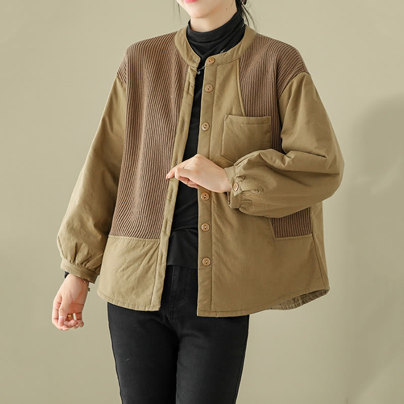Buddha Stones Commute Plain Patchwork Design Women's Cotton Long Sleeve Jacket With Pocket