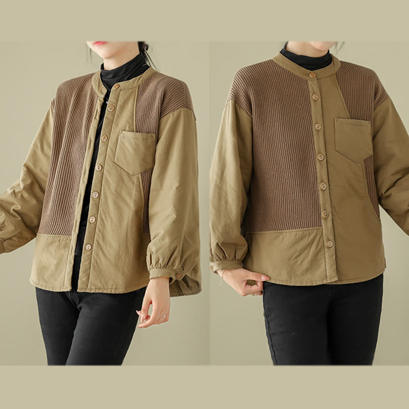 Buddha Stones Commute Plain Patchwork Design Women's Cotton Long Sleeve Jacket With Pocket