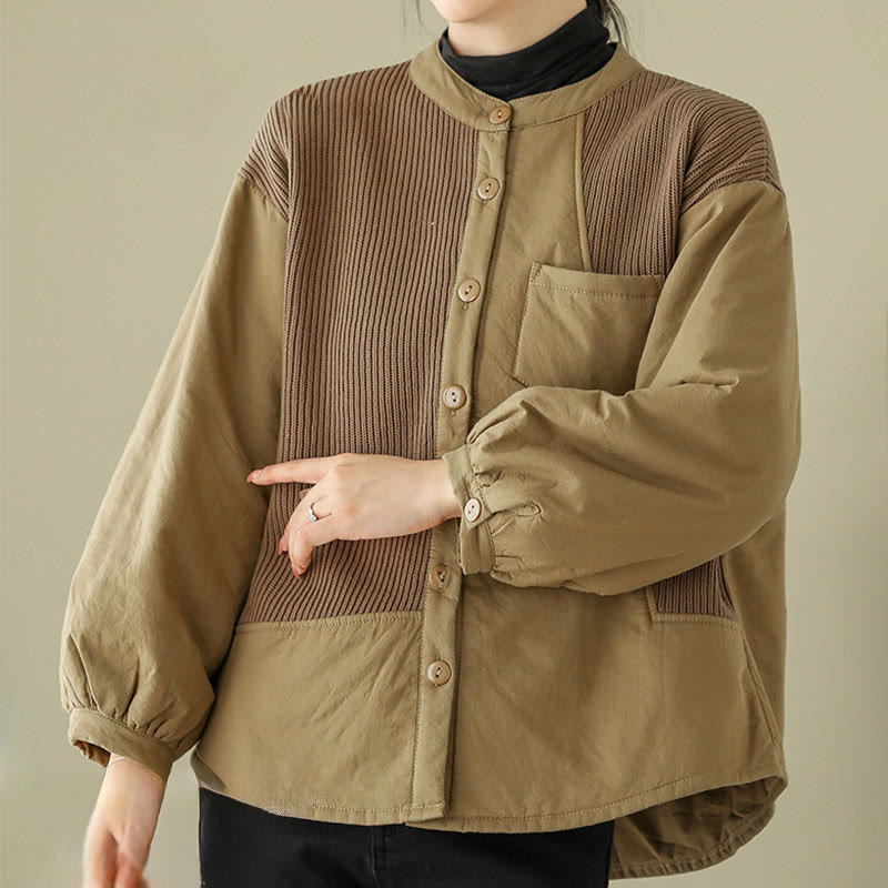 Buddha Stones Commute Plain Patchwork Design Women's Cotton Long Sleeve Jacket With Pocket