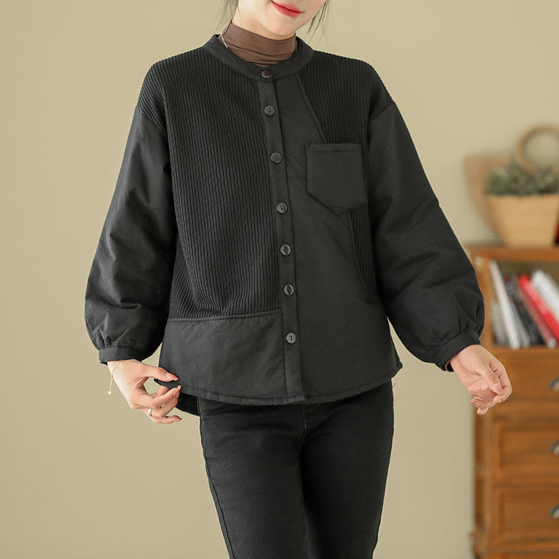 Buddha Stones Commute Plain Patchwork Design Women's Cotton Long Sleeve Jacket With Pocket