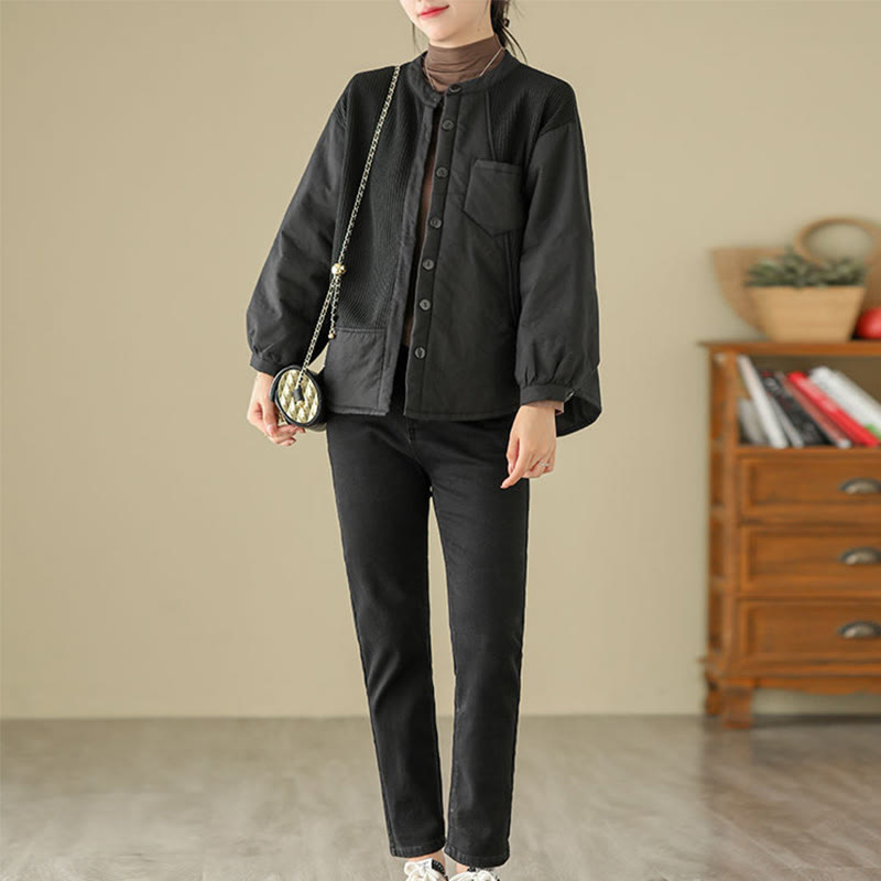 Buddha Stones Commute Plain Patchwork Design Women's Cotton Long Sleeve Jacket With Pocket