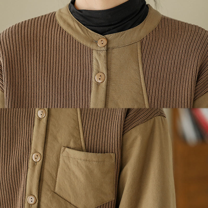 Buddha Stones Commute Plain Patchwork Design Women's Cotton Long Sleeve Jacket With Pocket