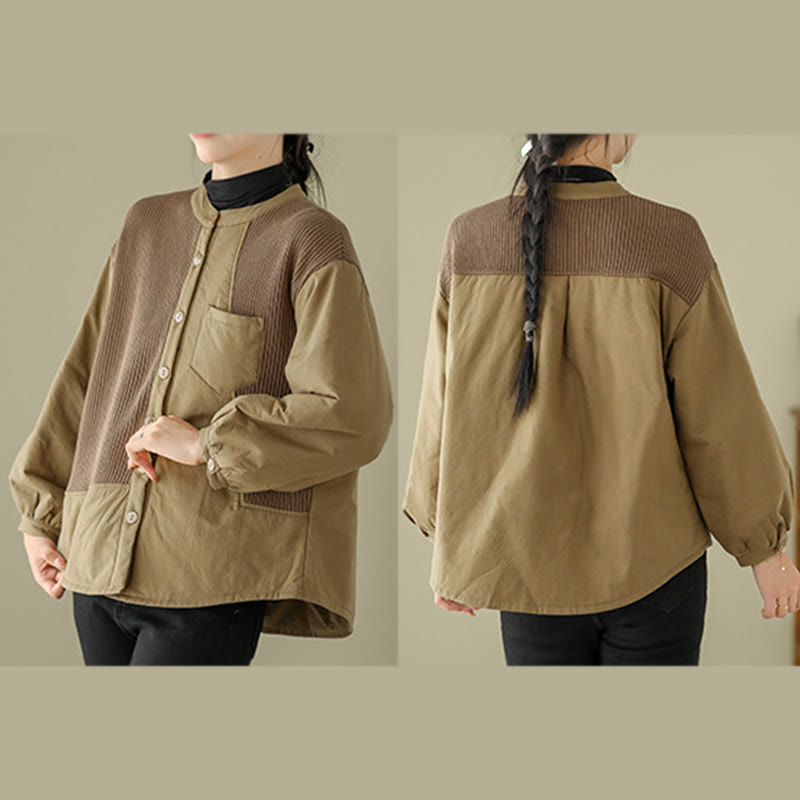 Buddha Stones Commute Plain Patchwork Design Women's Cotton Long Sleeve Jacket With Pocket