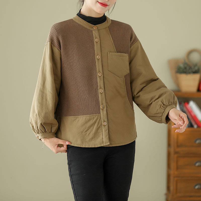 Buddha Stones Commute Plain Patchwork Design Women's Cotton Long Sleeve Jacket With Pocket