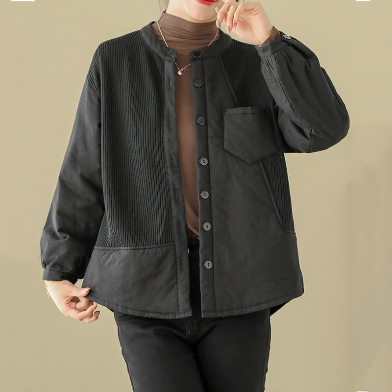 Buddha Stones Commute Plain Patchwork Design Women's Cotton Long Sleeve Jacket With Pocket