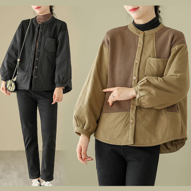 Buddha Stones Commute Plain Patchwork Design Women's Cotton Long Sleeve Jacket With Pocket