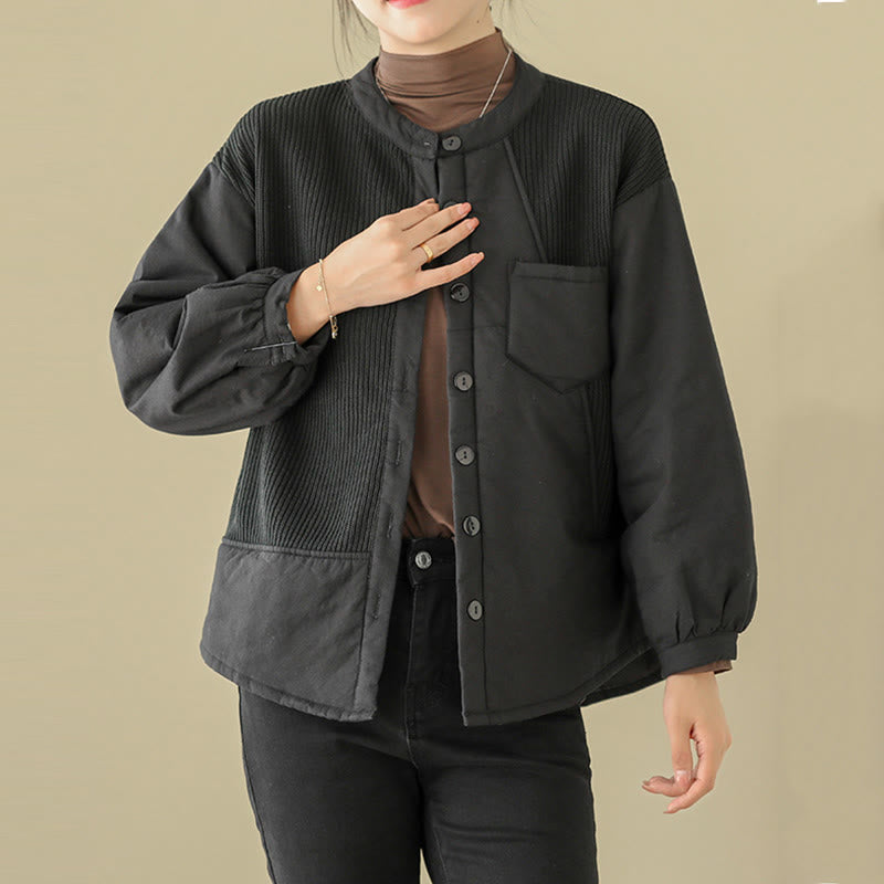 Buddha Stones Commute Plain Patchwork Design Women's Cotton Long Sleeve Jacket With Pocket