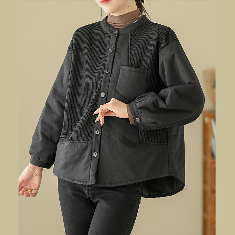 Buddha Stones Commute Plain Patchwork Design Women's Cotton Long Sleeve Jacket With Pocket